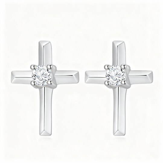 Boucles d'oreilles puces en or blanc 10 carats et zirconiums cubiques en forme de croix
