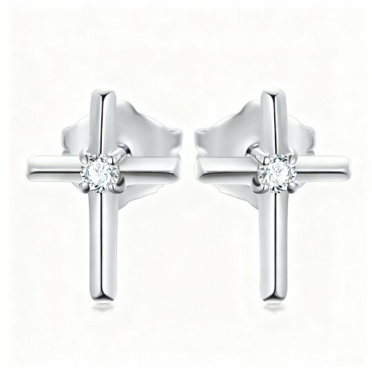 Boucles d'oreilles puces en or blanc 10 carats et zirconiums cubiques en forme de croix