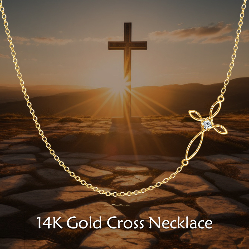 Halskette aus 14-karätigem Gold mit Zirkonia-Kreuz und Hexenknoten-Anhänger-6