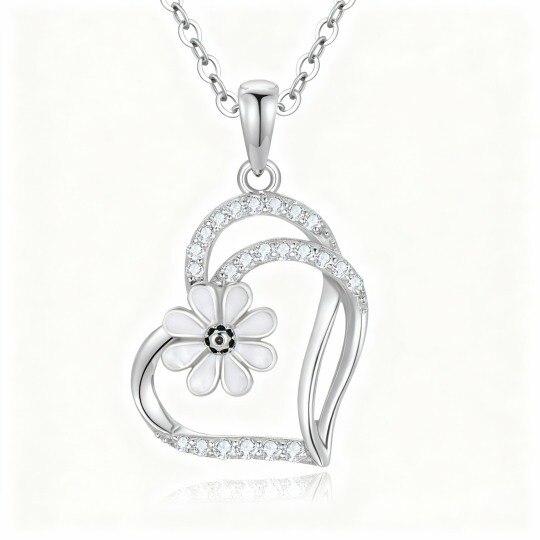 Collier pendentif en or blanc 10 carats avec zircon cubique, marguerite et cœur.