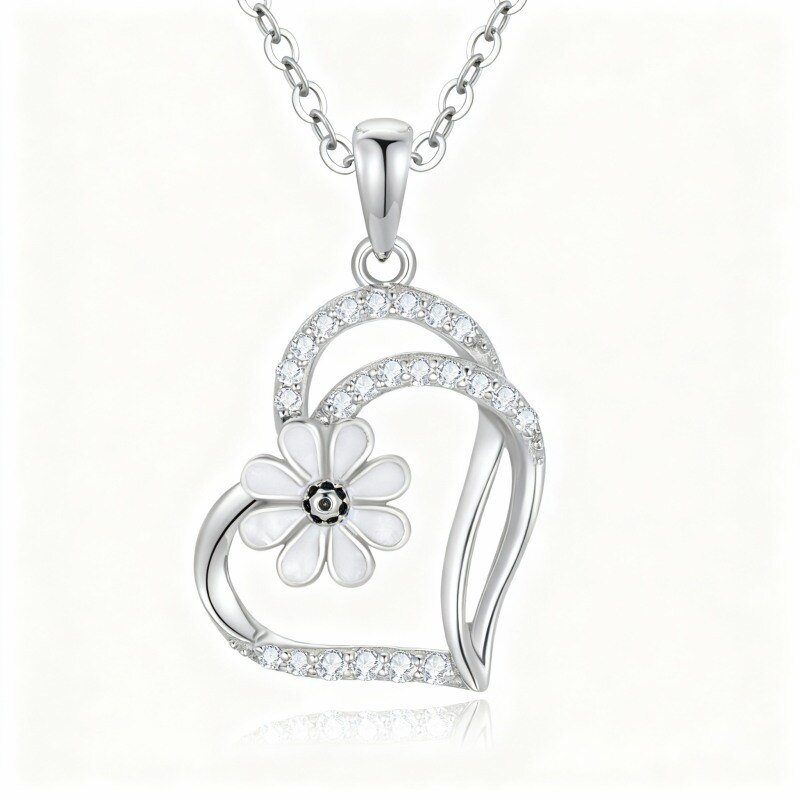 10K White Gold Cubic Zirconia Daisy & Heart With Heart Pendant Necklace-12