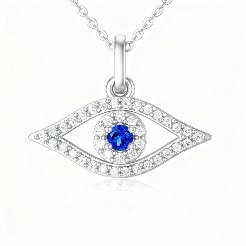 14K White Gold Cubic Zirconia & Diamond Evil Eye Pendant Necklace-1