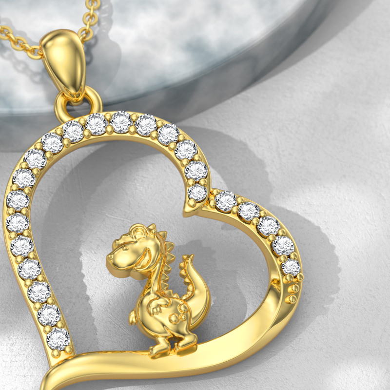 Collar de dinosaurio y corazón con circonitas cúbicas en oro de 18 quilates para mujer-4