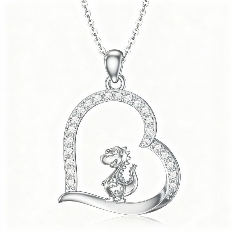 Collar con colgante de dinosaurio y corazón de oro blanco de 10 quilates con circonitas cúbicas-10