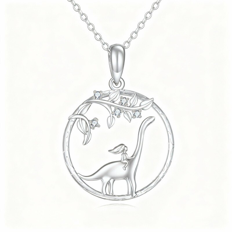 Collar con colgante de dinosaurio de oro blanco de 10 quilates y circonitas cúbicas-4