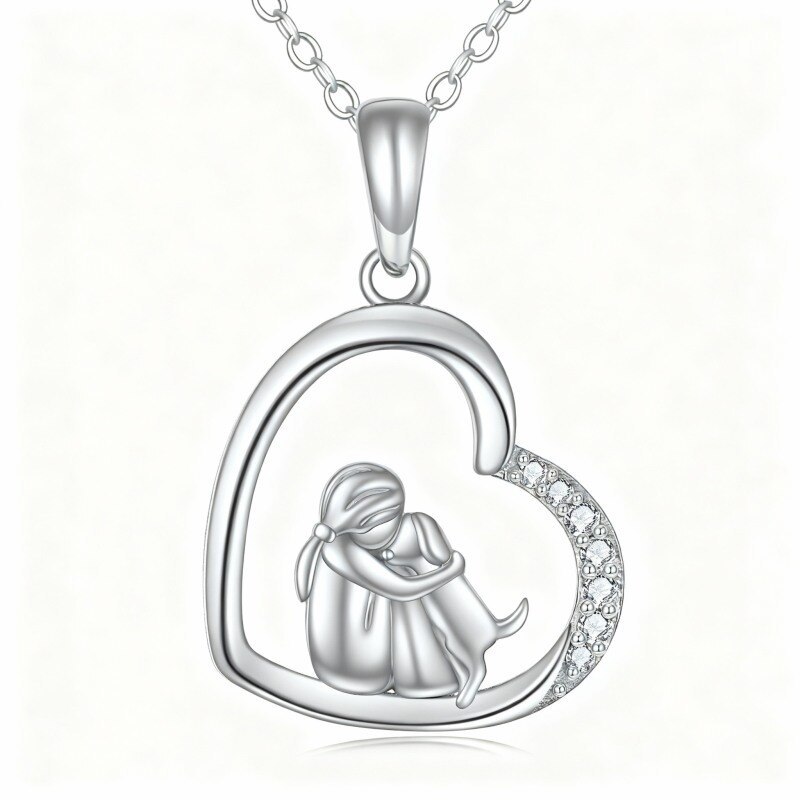 Collar con colgante de perro y corazón de oro blanco de 10 quilates con circonitas cúbicas-9
