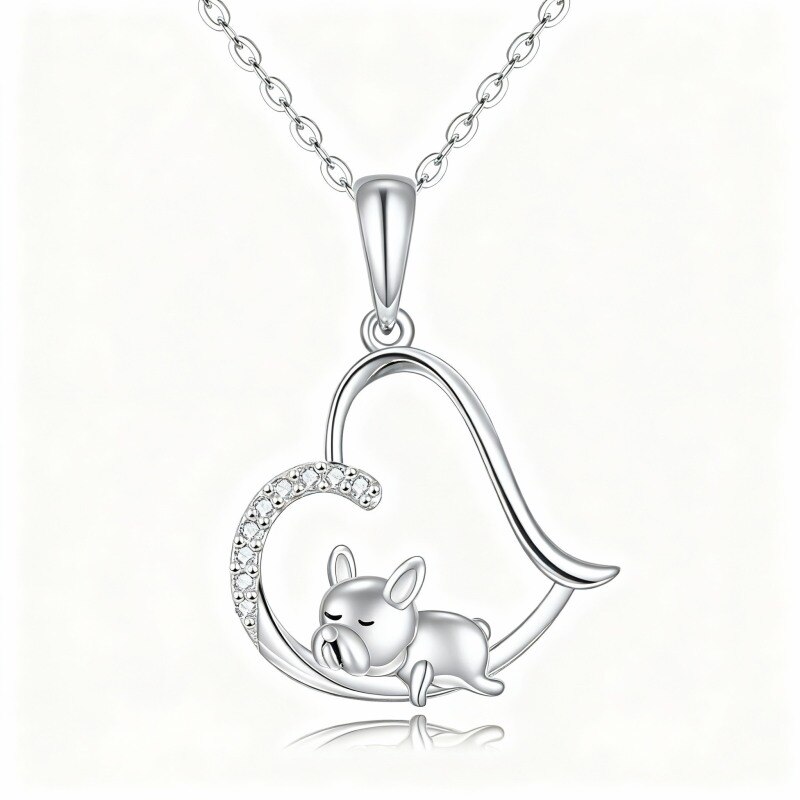 Collar con colgante de perro y corazón de circonita cúbica en oro blanco de 10 quilates-19