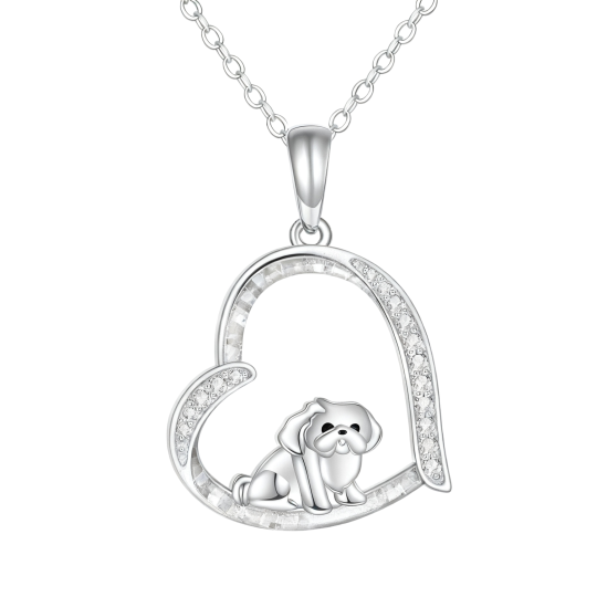 Colar com pendente de cão e coração em ouro branco 18K com zircónias cúbicas