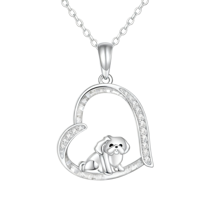 Collar con colgante de perro y corazón de circonita cúbica en oro blanco de 10 quilates-6