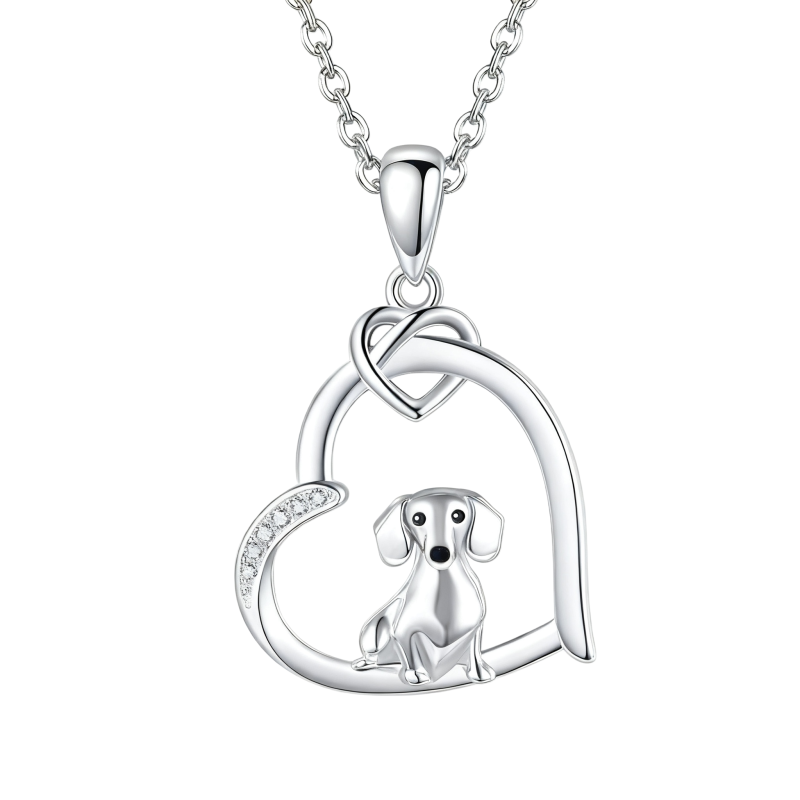 Collar con colgante de perro y corazón de circonita cúbica en oro blanco de 10 quilates-7
