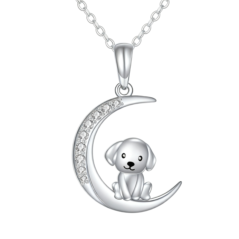 Collar con colgante de oro de 14 quilates y circonia cúbica con diseño de perro y luna-3