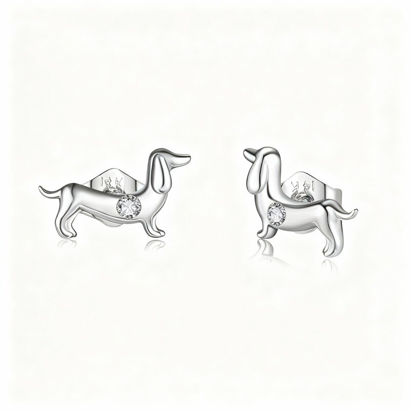 Pendientes de botón con forma de perro en oro blanco de 10 quilates con circonitas cúbicas-18