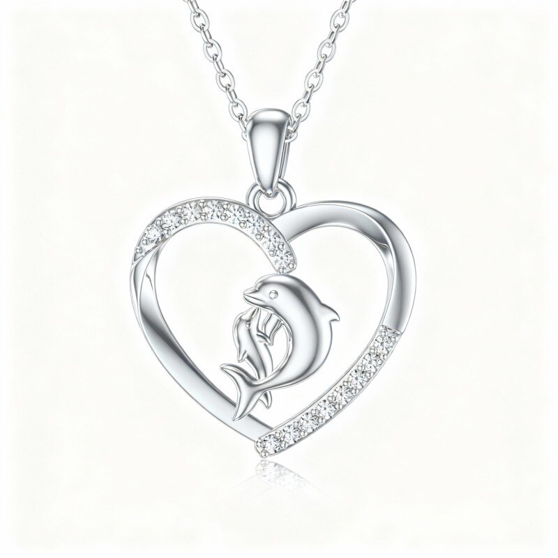Collar con colgante de delfín y corazón de oro blanco de 10 quilates con circonitas cúbicas-1