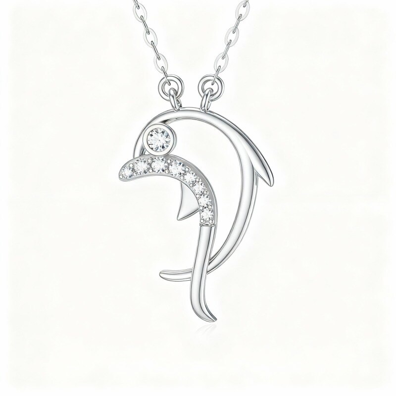 Collar con colgante de delfín de circonita cúbica en oro blanco de 10 quilates-17
