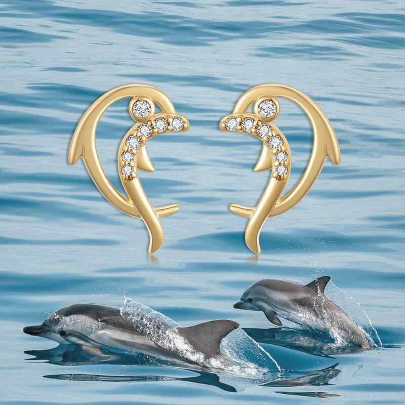 Pendientes de botón de delfín con circonitas cúbicas en oro blanco de 18 quilates-5