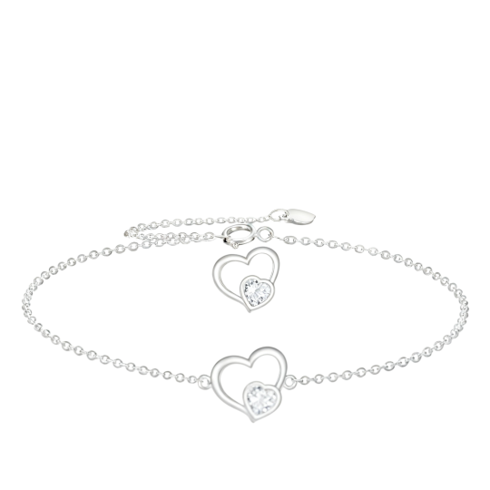 10K White Gold Cubic Zirconia Double Heart Charm Bracelet