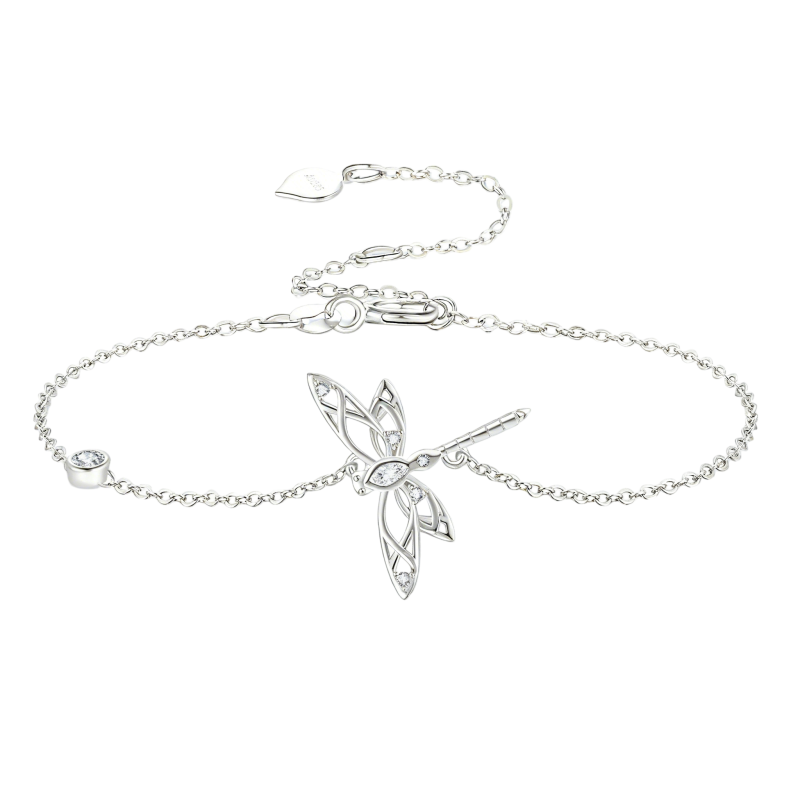 Bracelet à breloques libellule en or blanc 14 carats et zircon cubique-1