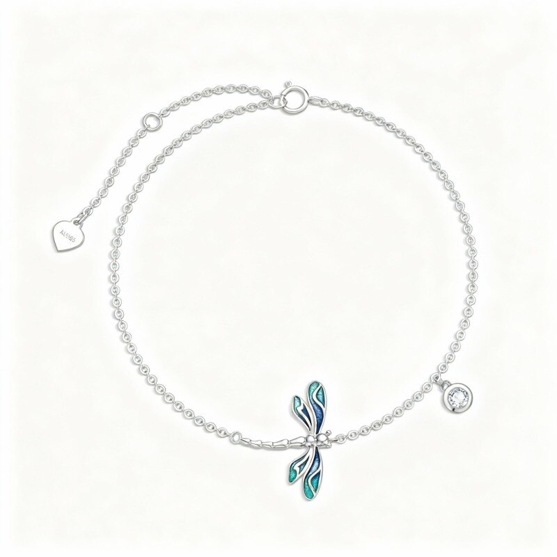 Chaîne de cheville simple en or blanc 18 carats et zircon cubique en forme de libellule-1