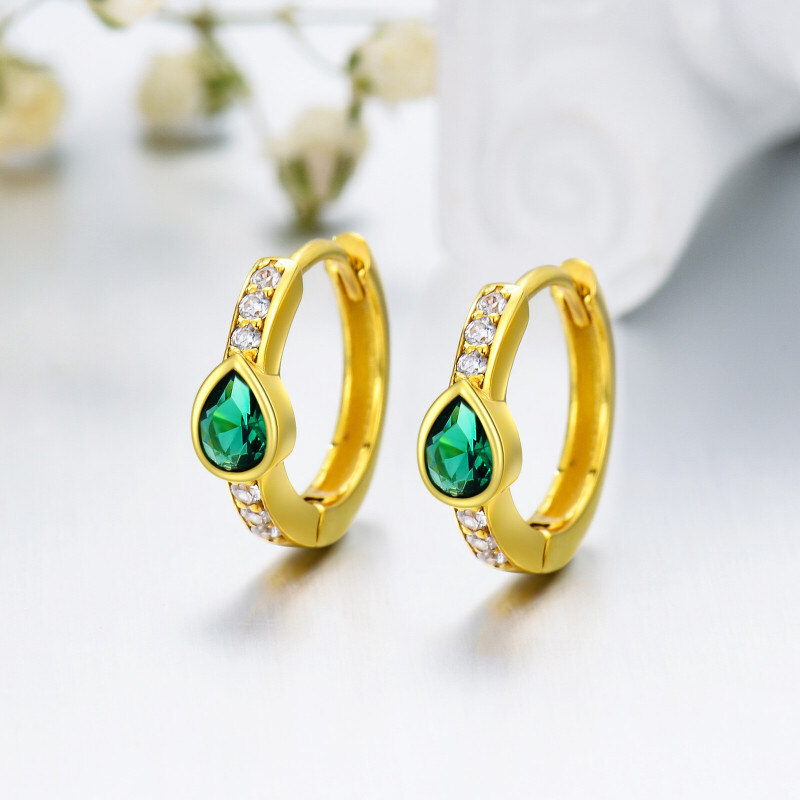 10K Gold Cubic Zirconia Drop Shape Hoop Earrings-4