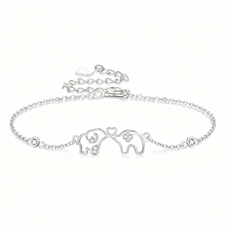 10K White Gold Cubic Zirconia Elephant Charm Bracelet-1