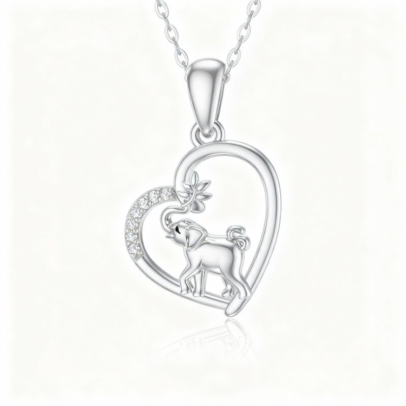 Collier pendentif éléphant et cœur en or blanc 10 carats et zircon cubique-11
