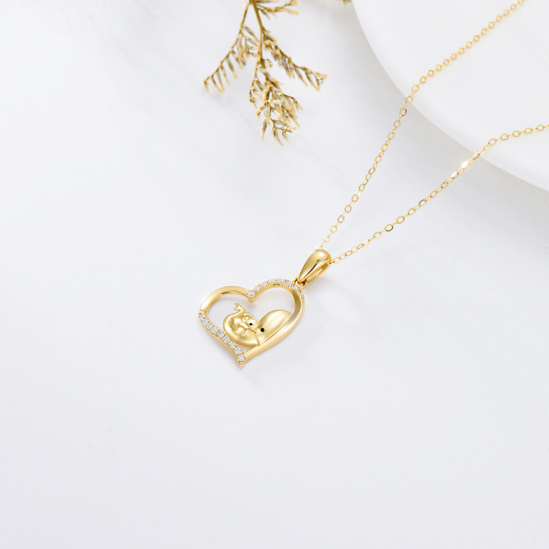 10K Gold Cubic Zirconia Mama Elephant & Heart Pendant Necklace-4