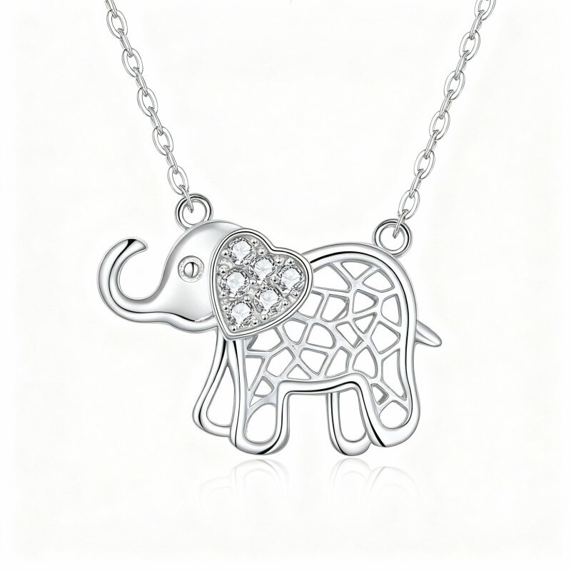 Collier pendentif éléphant et cœur en or blanc 10 carats et zircon cubique-8