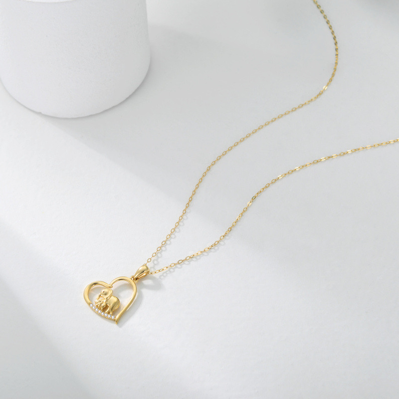 10K Gold Cubic Zirconia Elephant Mom & Baby Heart Pendant Necklace-4