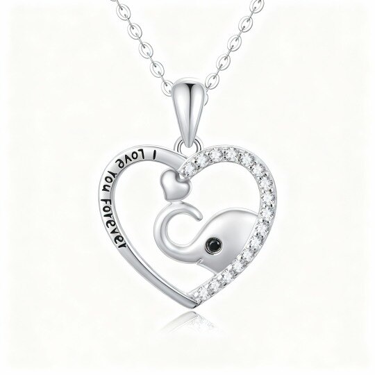 Collar con colgante de elefante y corazón de oro blanco de 10 quilates con circonitas cúbicas y palabra grabada