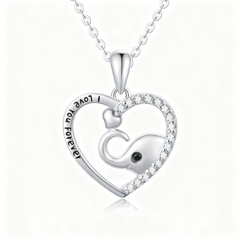 Collier pendentif éléphant et cœur en or blanc 10 carats avec zircon cubique et inscription gravée-15