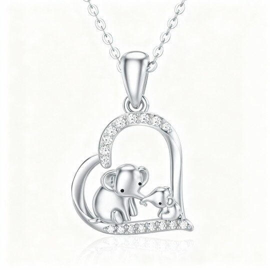 10K White Gold Cubic Zirconia Elephant & Parents & Children & Heart Pendant Necklace