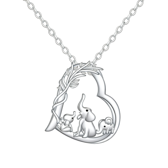 10K White Gold Cubic Zirconia Elephant & Parents & Children Pendant Necklace