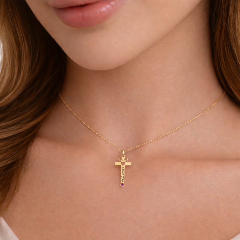 10K White Gold Cubic Zirconia Engravable & Angel & Cross Pendant Necklace-2