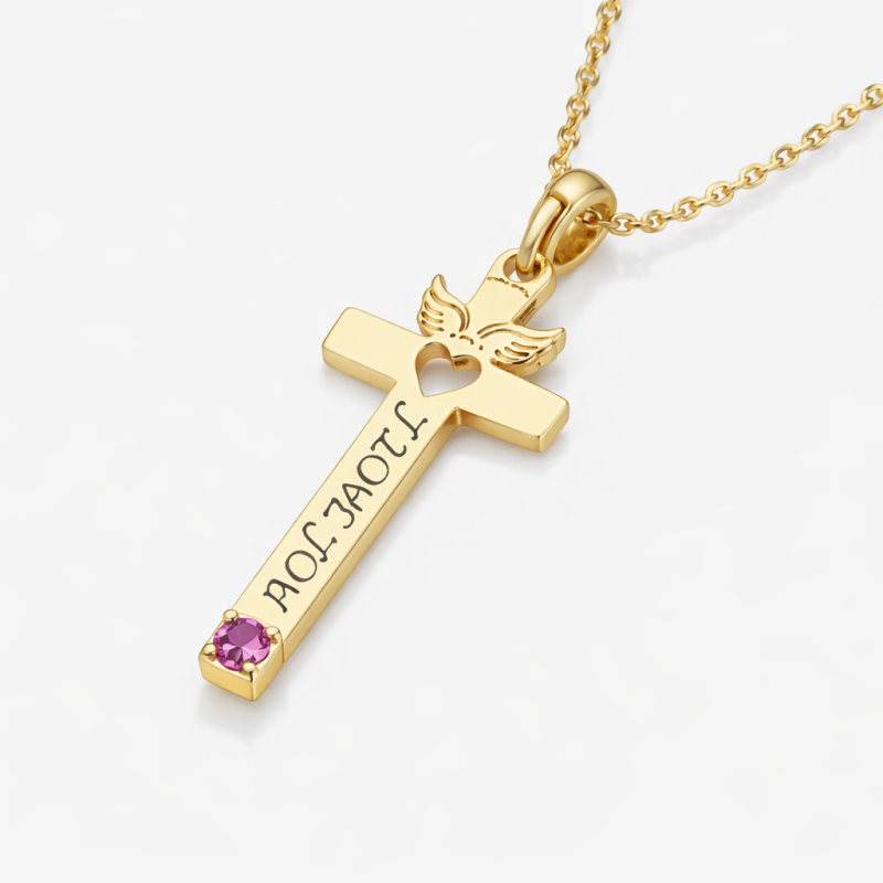 10K White Gold Cubic Zirconia Engravable & Angel & Cross Pendant Necklace-3