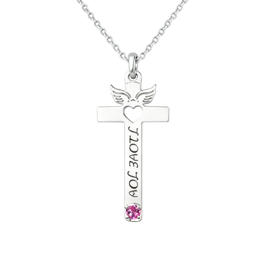 Colar com pendente de anjo e cruz em ouro branco 10K com zircónias cúbicas, gravável