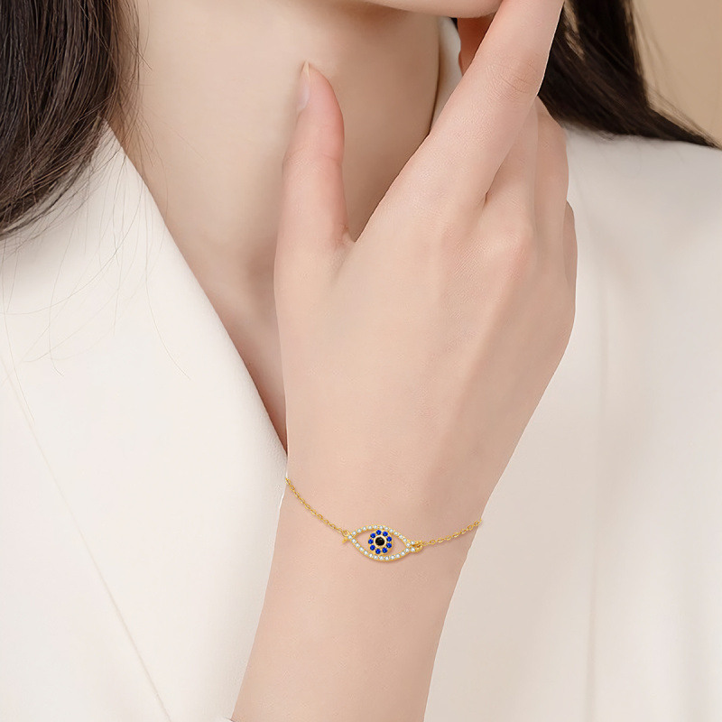 10K Gold Cubic Zirconia Evil Eye Charm Bracelet-2