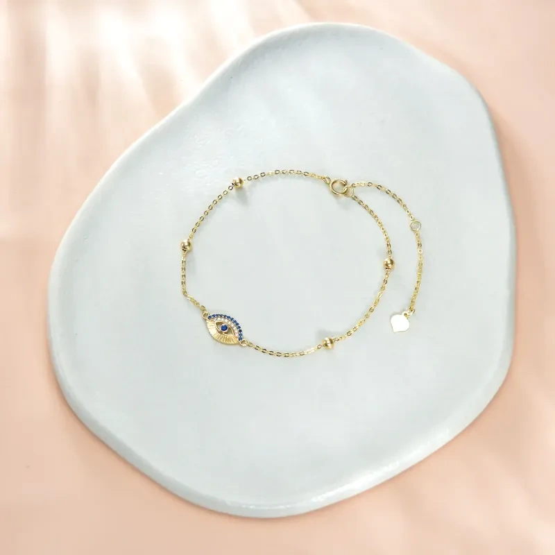 Pulsera con dije de ojo del diablo de circonita cúbica en oro de 14 quilates-3