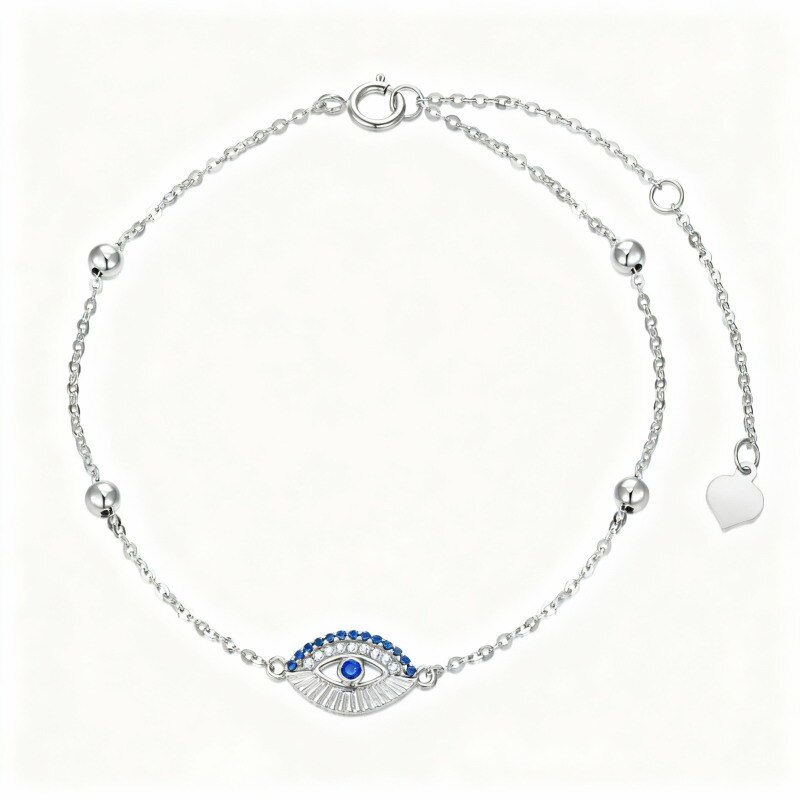 Bracelet à breloque œil protecteur en or blanc 14 carats et zircon cubique-1
