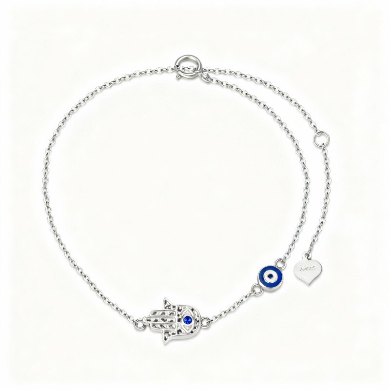 Pulsera de platino con dije de ojo turco y mano de Hamsa con circonitas cúbicas chapadas en oro blanco-1