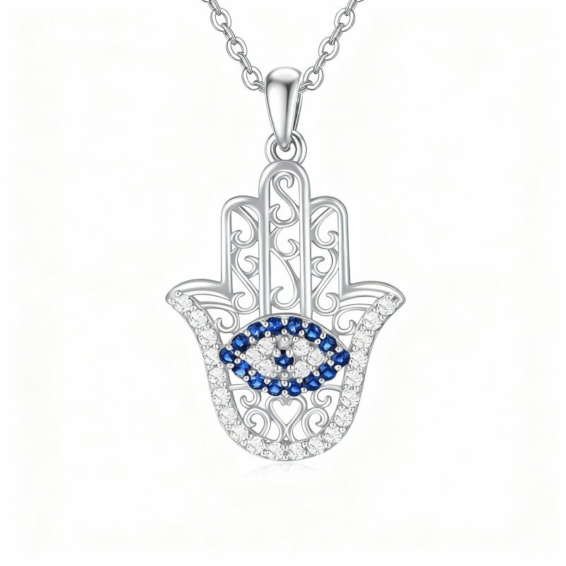 Colar com pendente Olho Grego e Mão de Hamsa em ouro branco de 14 quilates com zircónias cúbicas-1