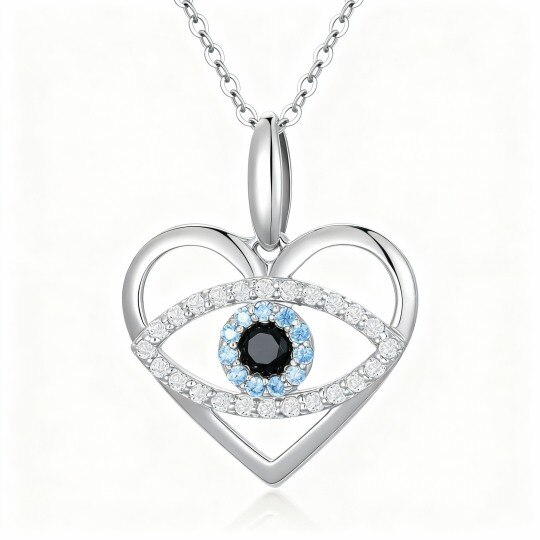 10K White Gold Cubic Zirconia Evil Eye & Heart Pendant Necklace