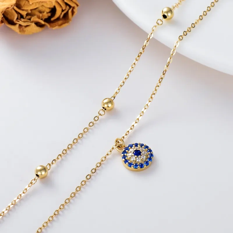 Bracelet de cheville à plusieurs rangs avec pendentif œil protecteur en or blanc 18 carats et zircon cubique-4