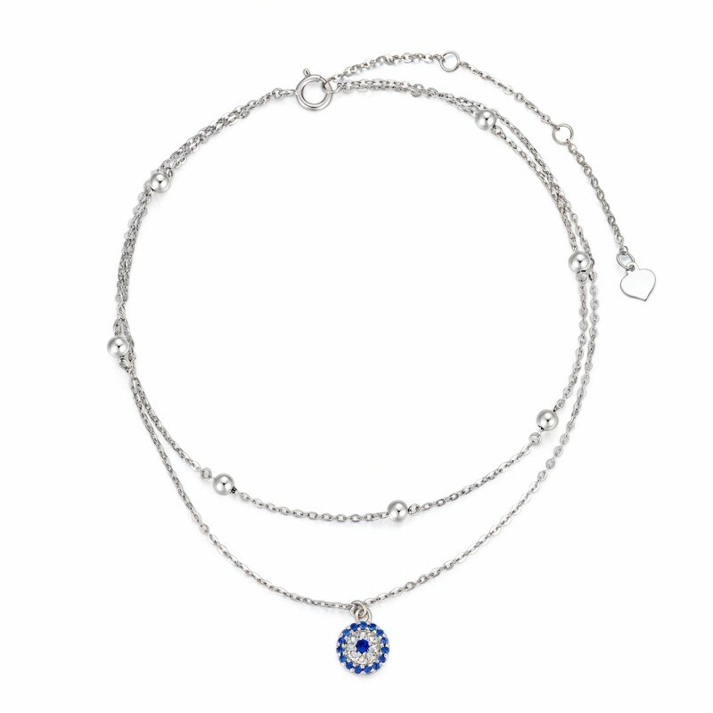 Bracelet de cheville à plusieurs rangs avec pendentif œil protecteur en or blanc 18 carats et zircon cubique-1