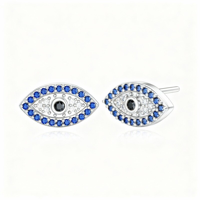 Pendientes de botón de ojo turco con circonitas cúbicas y oro blanco de 9 quilates-1