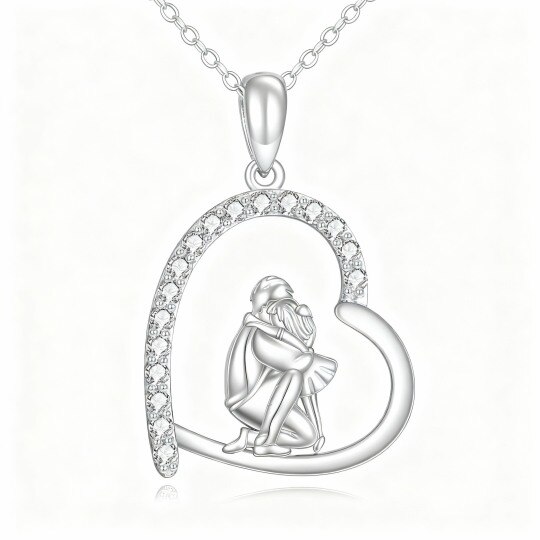 Collar con colgante de corazón, padre e hija, circonitas cúbicas y oro blanco de 10 quilates