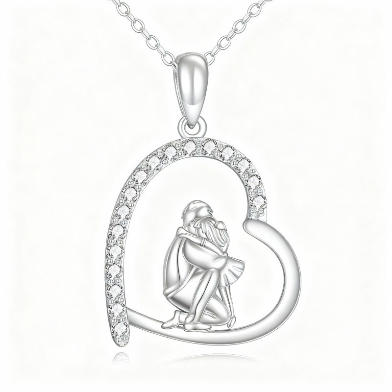 Collar con colgante de corazón, padre e hija, circonitas cúbicas y oro blanco de 10 quilates-1