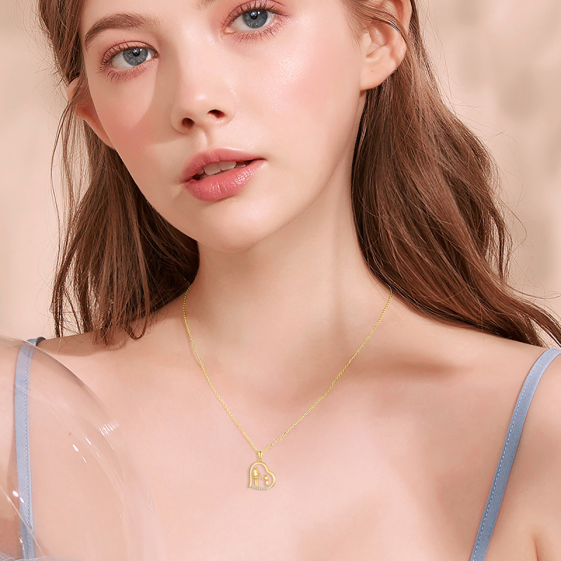 10K Gold Cubic Zirconia Heart Father & Daughter Holding Hands Pendant Necklace-2
