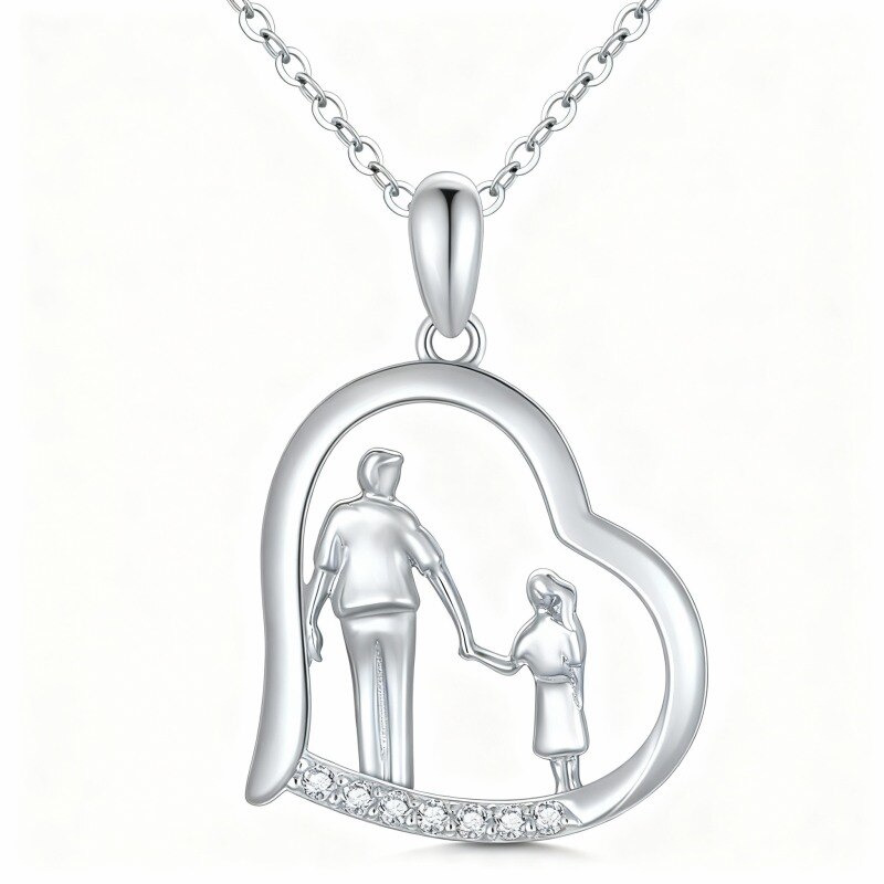Collar con colgante de corazón, padre e hija, circonitas cúbicas y oro blanco de 10 quilates-4