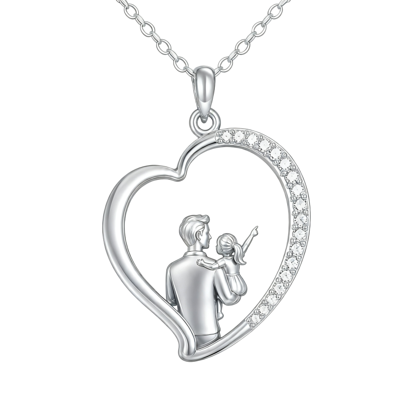 Collar con colgante de corazón, padre e hija, circonita cúbica y oro blanco de 10 quilates-1