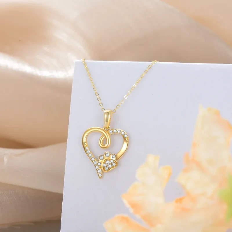 18K Gold Cubic Zirconia Footprints & Heart Pendant Necklace-4